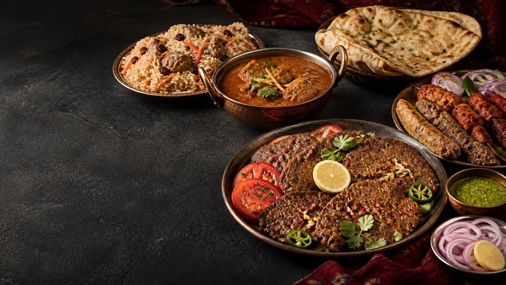 Chapli Kabab, Kabuli Polaw, chicken karahi and BBQ at Safdar Hotel